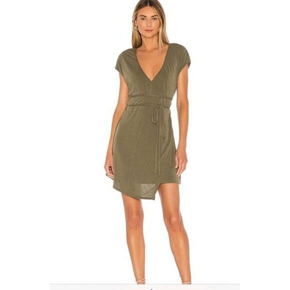 House of Harlow 1960 X REVOLVE Joanna Mini Dress XS Olive Green Surplice Front - Picture 1 of 11